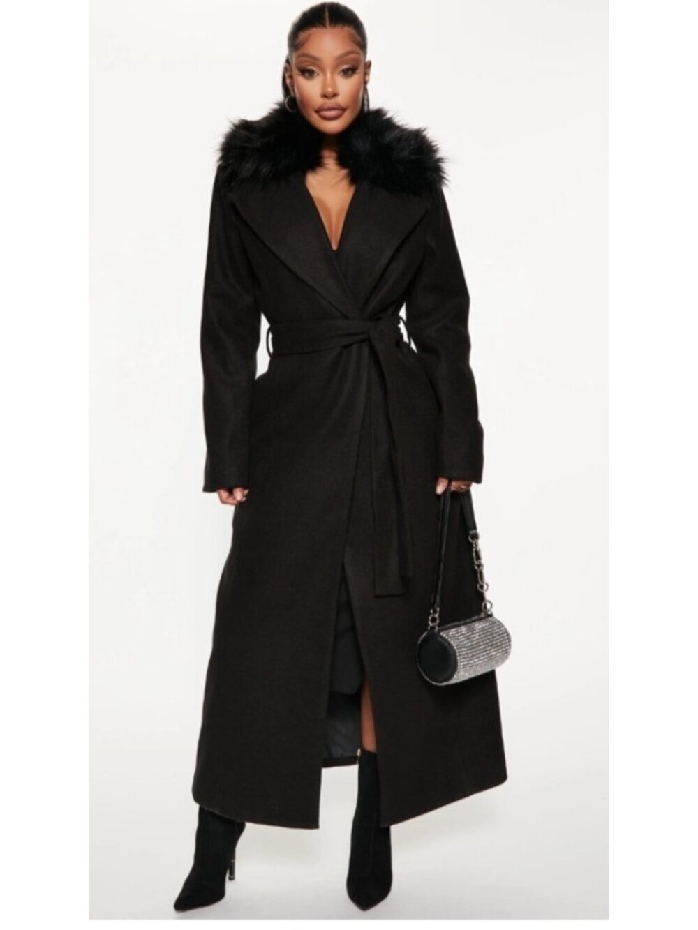 Fashion Nova I’m A Goddess Trench Coat XL Black Faux Fur Belted Long Coat NWT